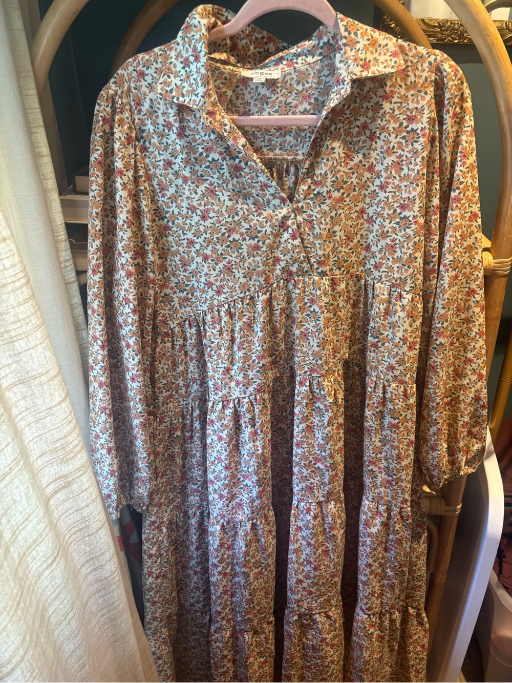 Umgee Cream Floral Tiered Maxi Dress with Rust & Green Accents